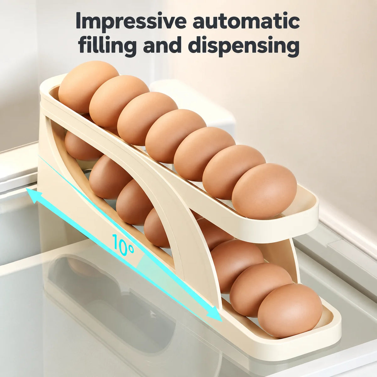 Refrigerator Egg Holder Automatic Rolling Non-Slip Holds 14-15 Eggs