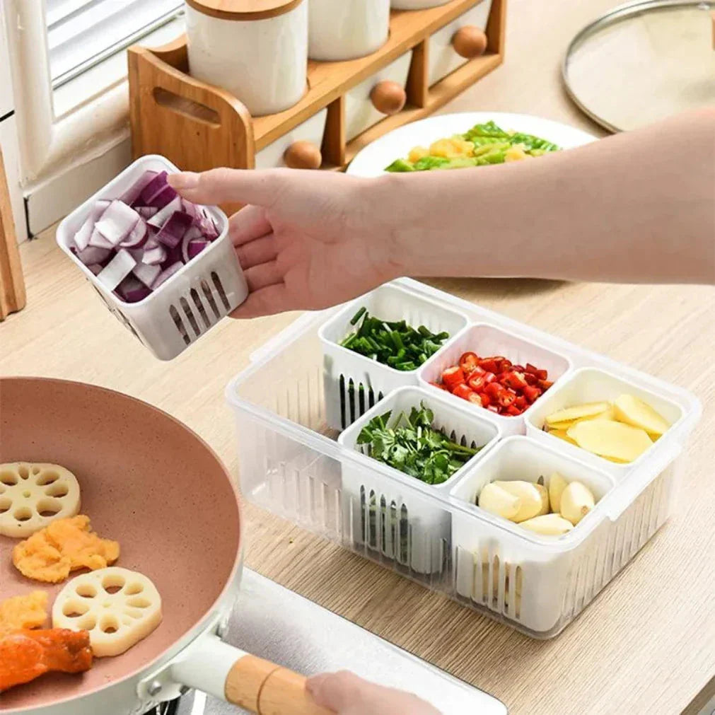 Refrigerator Organizer Six Compartments Drainage Insert Tight-Sealing Lid