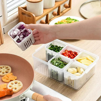 Refrigerator Organizer Six Compartments Drainage Insert Tight-Sealing Lid