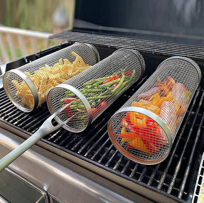 Rotating Grill Basket 304 Stainless Steel Secure Latch