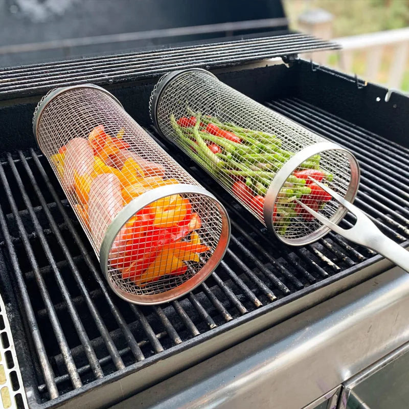 Rotating Grill Basket 304 Stainless Steel Secure Latch