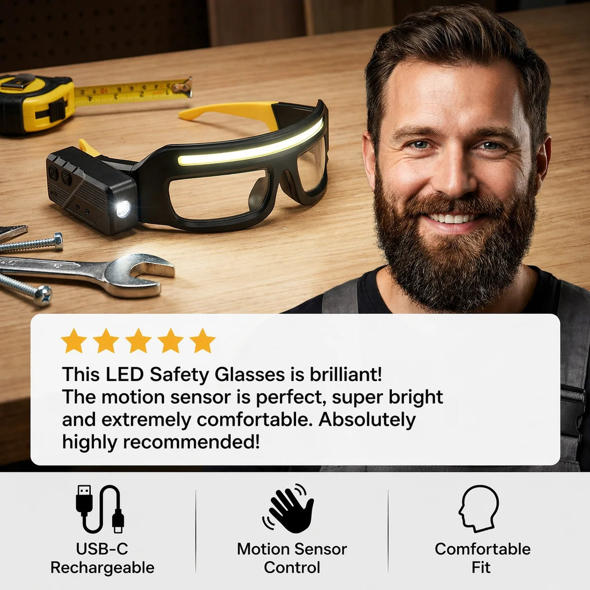 Safety Glasses Light Motion Sensor USB-C Rechargeable