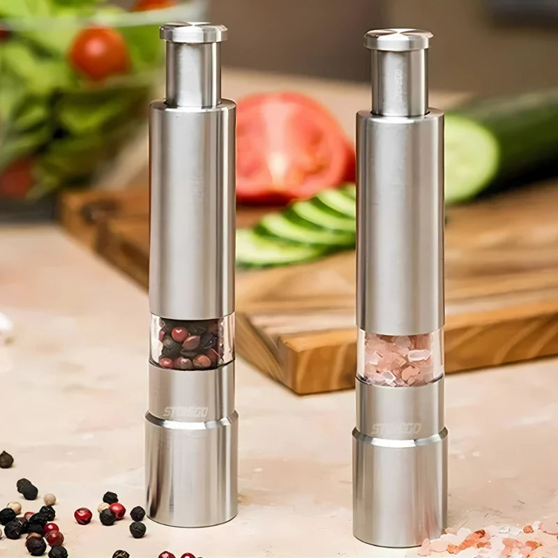 Salt & Pepper Grinder One-Hand Push Stainless Steel 2-Pack