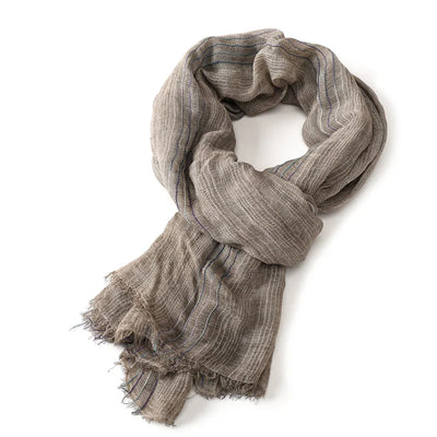 Scarf Cotton-Linen Blend Striped Fringed Lightweight