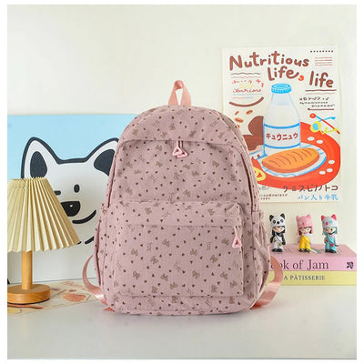 School Backpack Heart Print Adjustable Straps & Zippered Front Pockets