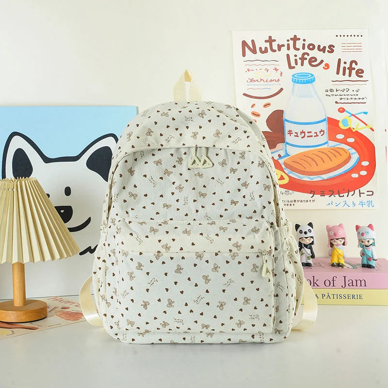 School Backpack Heart Print Adjustable Straps & Zippered Front Pockets