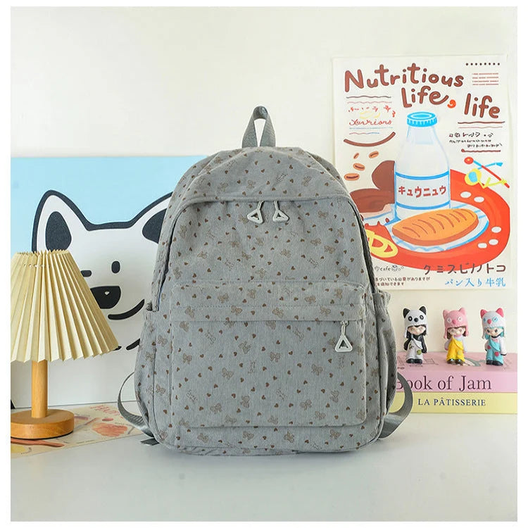 School Backpack Heart Print Adjustable Straps & Zippered Front Pockets
