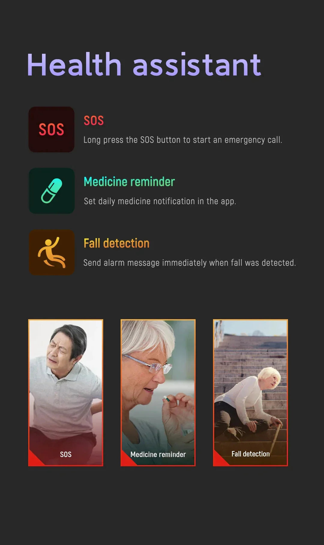 Senior Smartwatch SOS & Fall Detection Large Touch Display