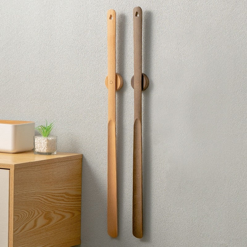 Shoe Horn Long Handle Solid Wood Magnetic Wall Mount