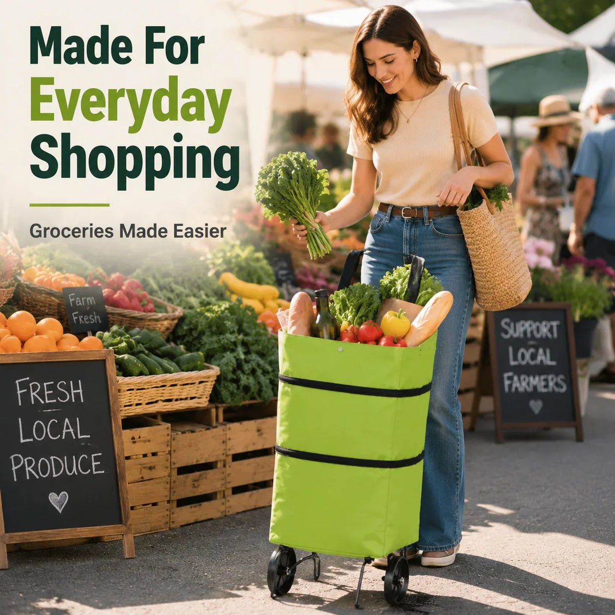 Shopping Bag Foldable 2-In-1 Tote & Rolling Trolley
