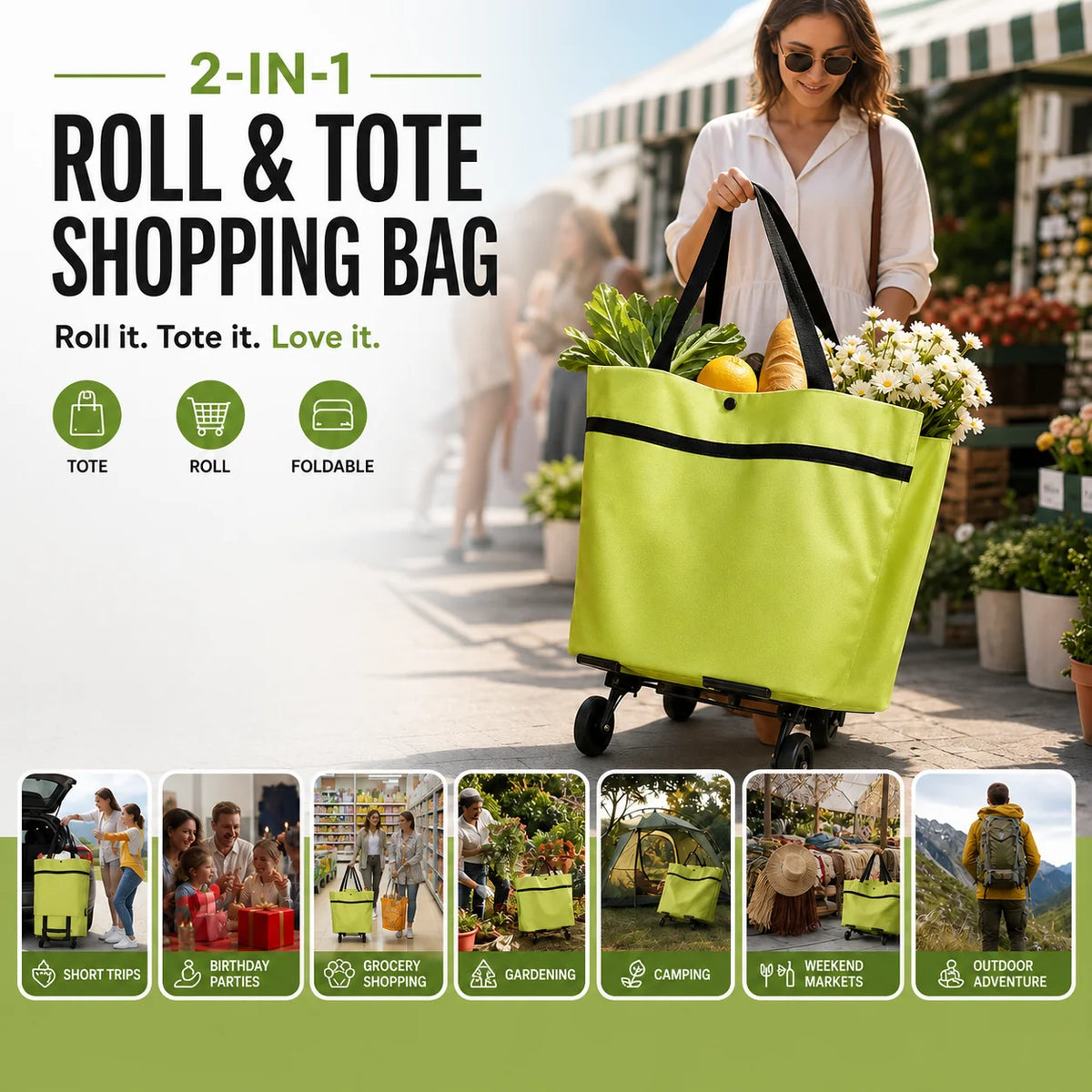 Shopping Bag Foldable 2-In-1 Tote & Rolling Trolley