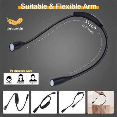 Shoulder Reading Light Dual Bendable Arms Adjustable Brightness Rechargeable