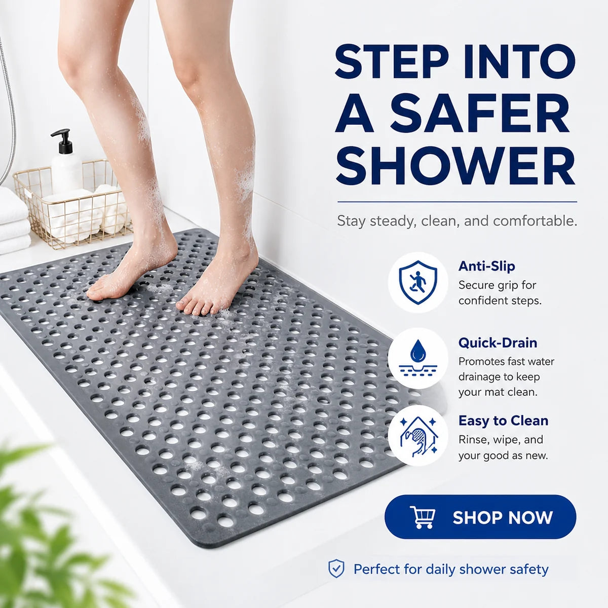 Shower Safety Mat Non-Slip Suction Cups Drainage Holes