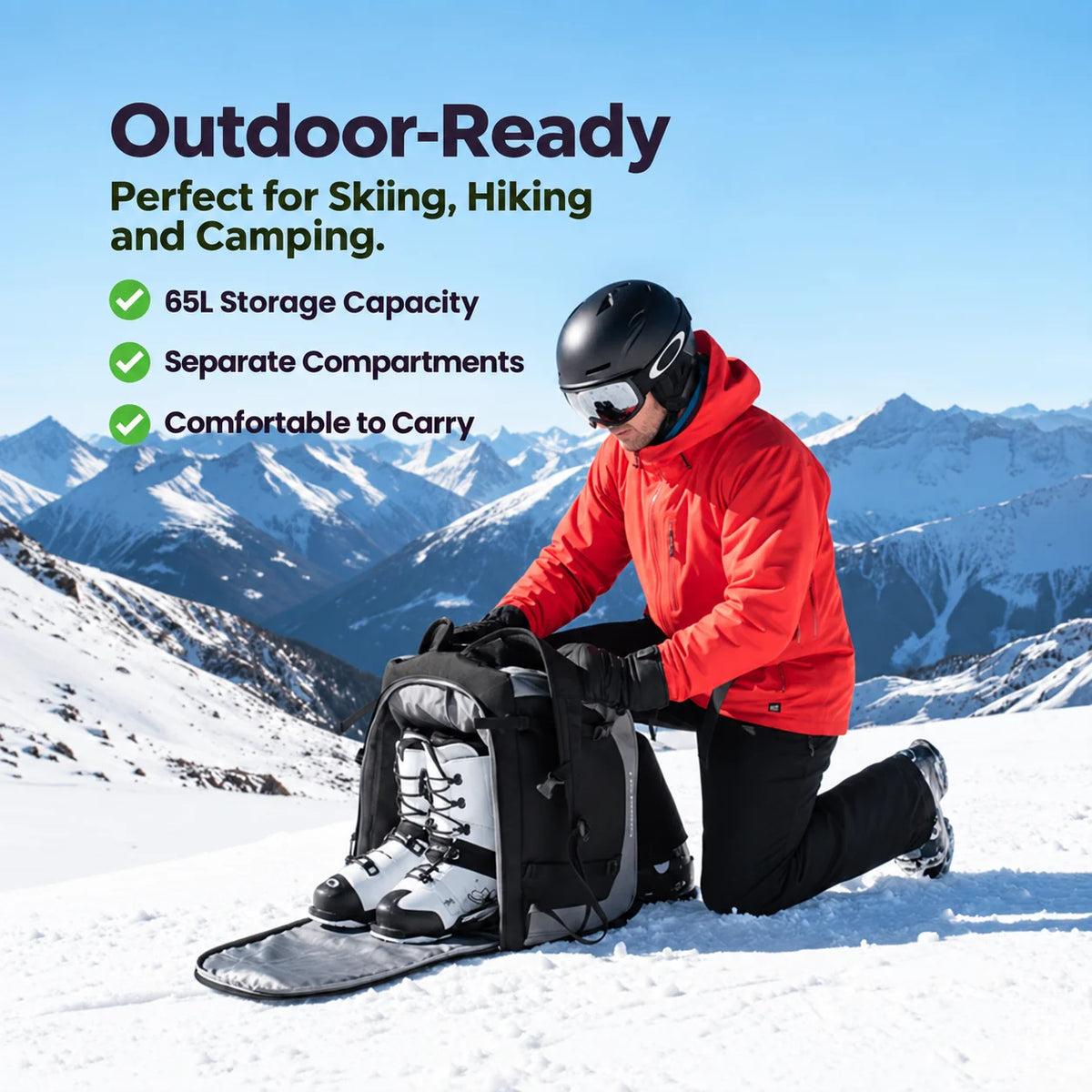 Ski Backpack 65L Boot & Helmet Compartments Padded Straps