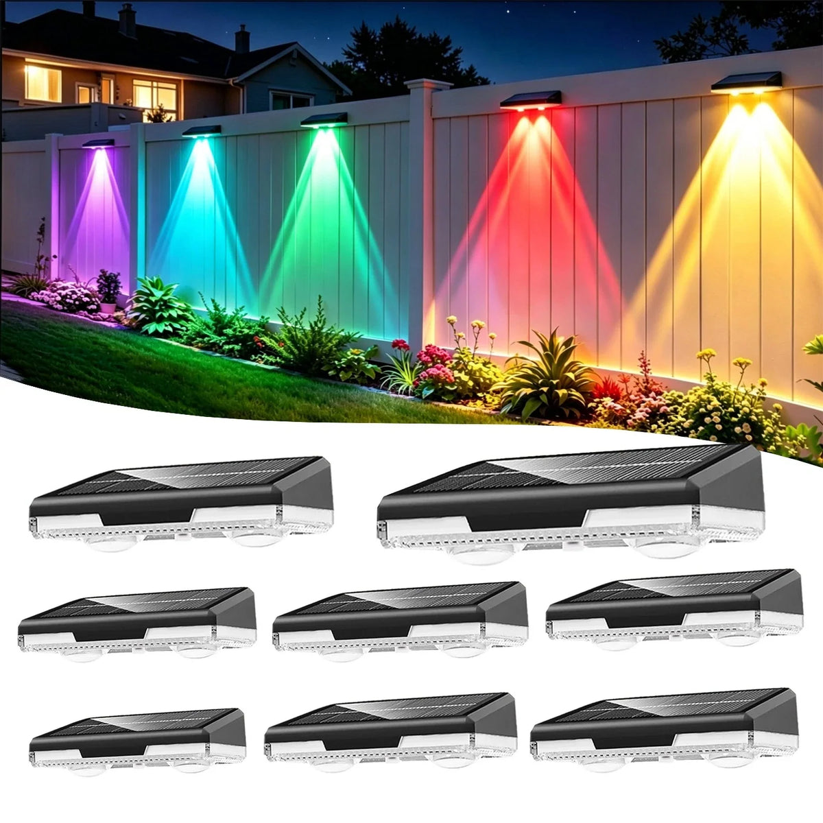 Solar Fence Lights 8-Pack Automatic Dusk Sensor & Multicolor