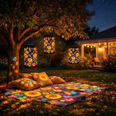 Solar Garden Lantern Floral Projection Weatherproof Metal