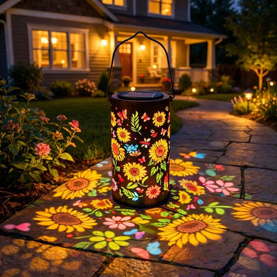 Solar Garden Lantern Floral Projection Weatherproof Metal