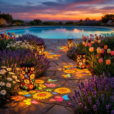 Solar Garden Lantern Floral Projection Weatherproof Metal