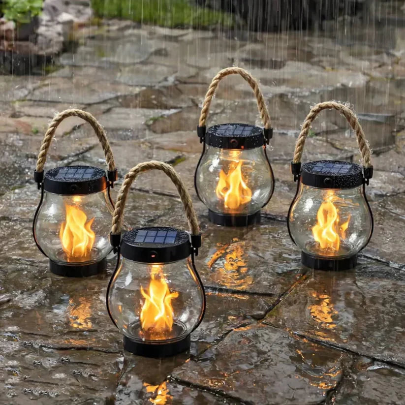Solar Garden Lantern Realistic Flame USB-C Backup