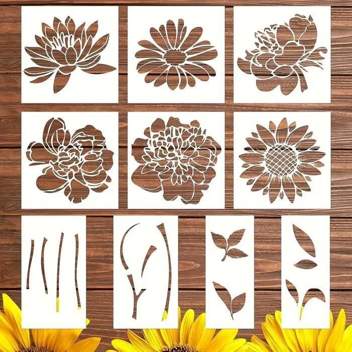 Stencil Set Floral Reusable Flexible Multi-Surface 10 Piece