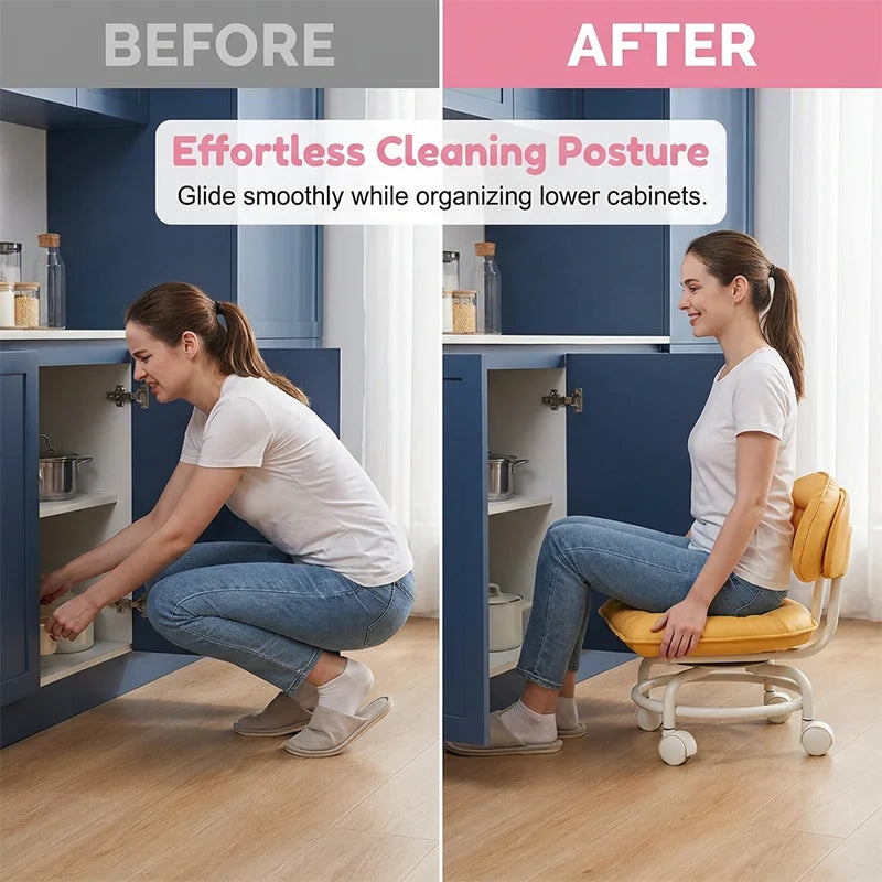 Stool Low Seat Padded Backrest & Quiet Casters