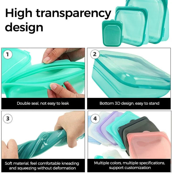 Storage Bags Food-Grade Silicone Airtight & Dishwasher Safe 3-Pack