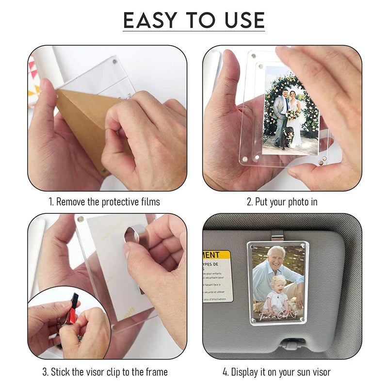 Sun Visor Photo Clip Tool-Free Clip-On Crystal-Clear Acrylic