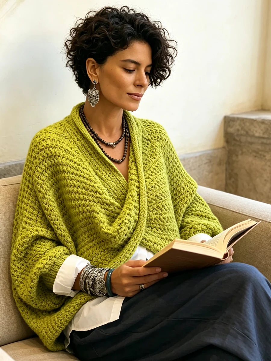 Sweater Crossover V-Neck Chunky Knit Batwing Sleeves