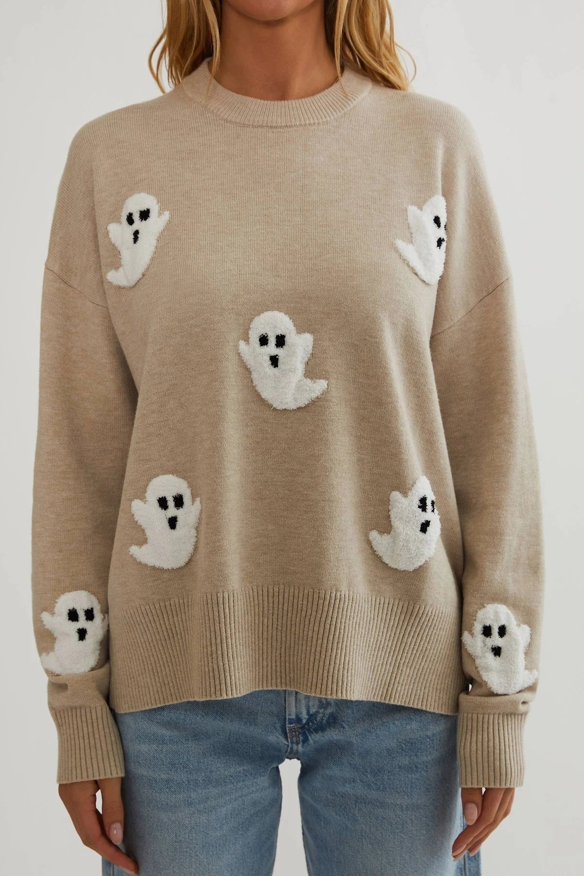 Sweater Textured Ghost Appliqués Lightweight Knit Relaxed Fit