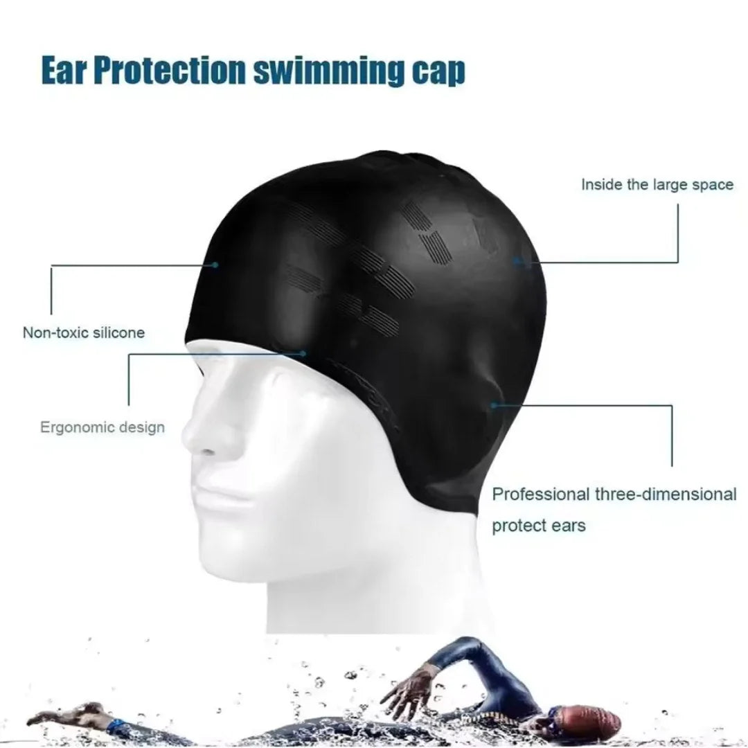 Swim Cap Silicone Long Hair Fit Built-In Ear Pockets