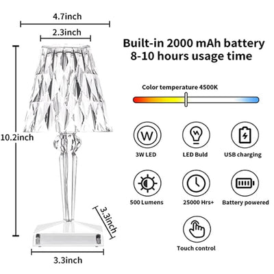 Table Lamp Diamond-Pattern Acrylic LED Touch & USB Powered