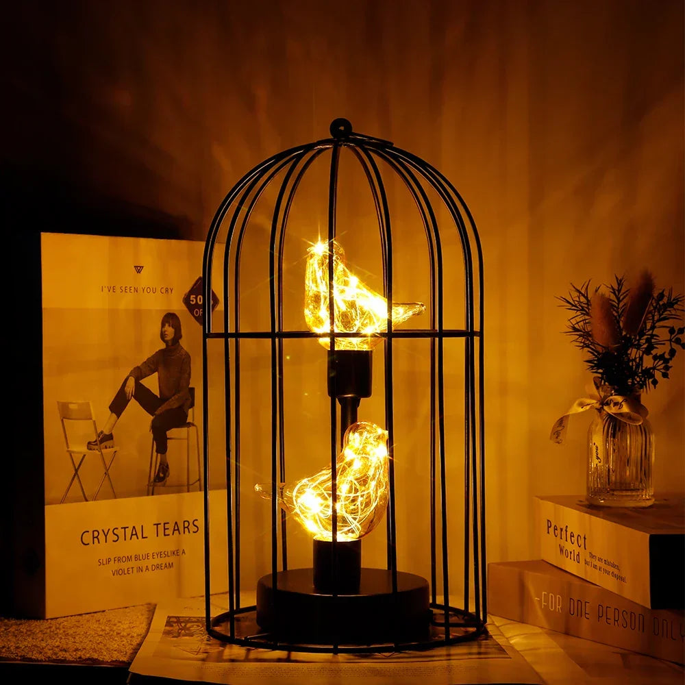 Table Lamp Metal Birdcage Warm White Lights