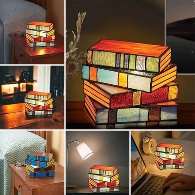 Table Lamp Stained Glass Stacked Books Design