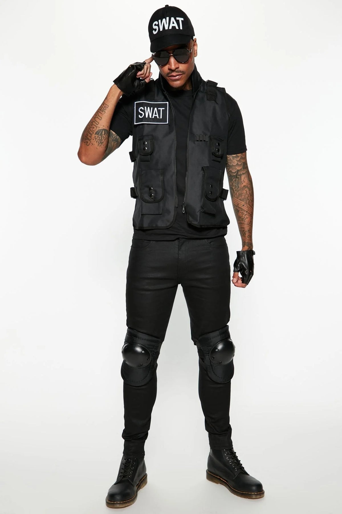 Tactical Costume Set Adjustable Vest Stretch Cap Fingerless Gloves