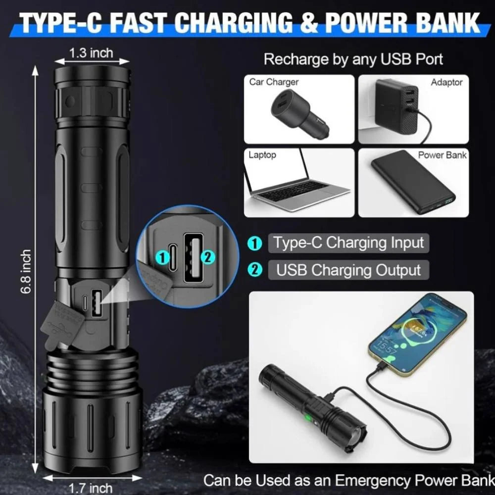 Tactical Flashlight 100000 Lumens Rechargeable Aluminum