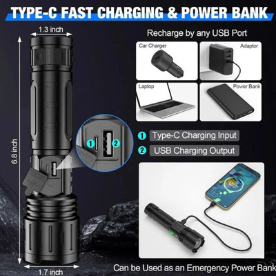 Tactical Flashlight 100000 Lumens Rechargeable Aluminum