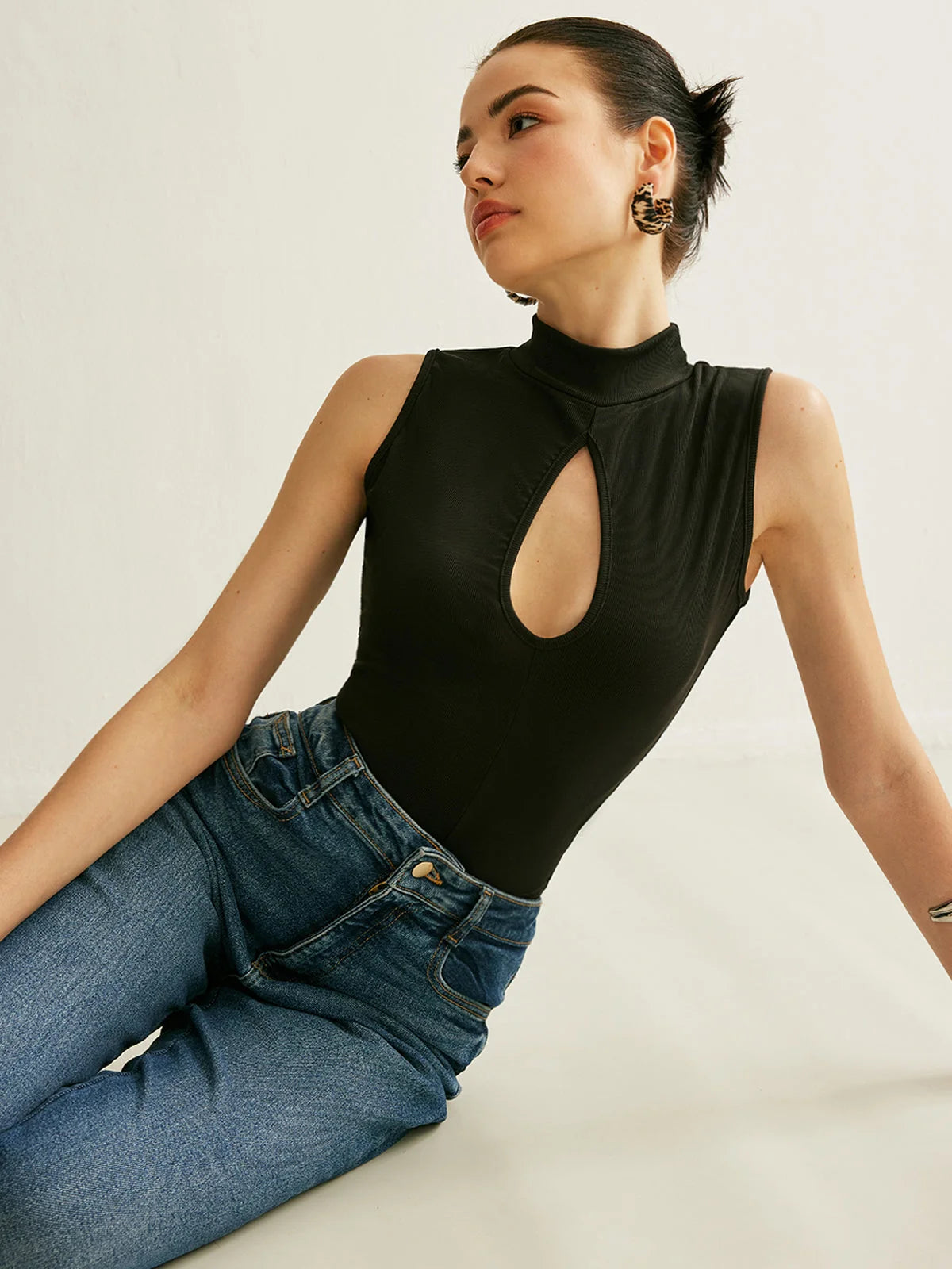 Tank Top Ribbed Stand Collar Stretch
