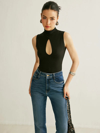Tank Top Ribbed Stand Collar Stretch