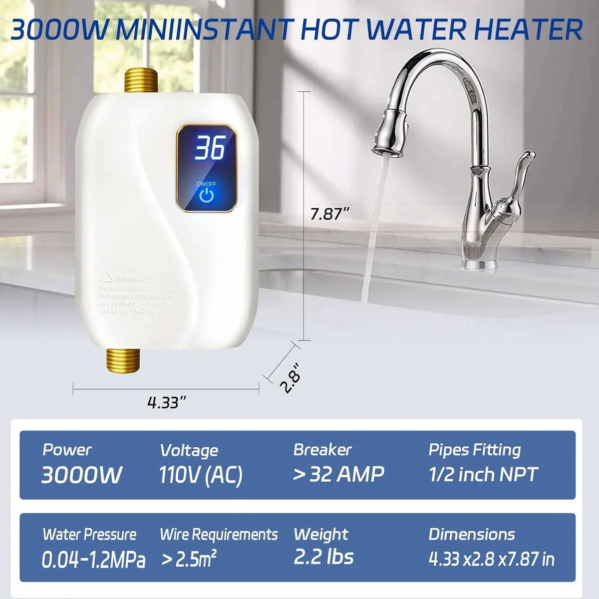 Tankless Electric Water Heater On-Demand 3000W Digital Display