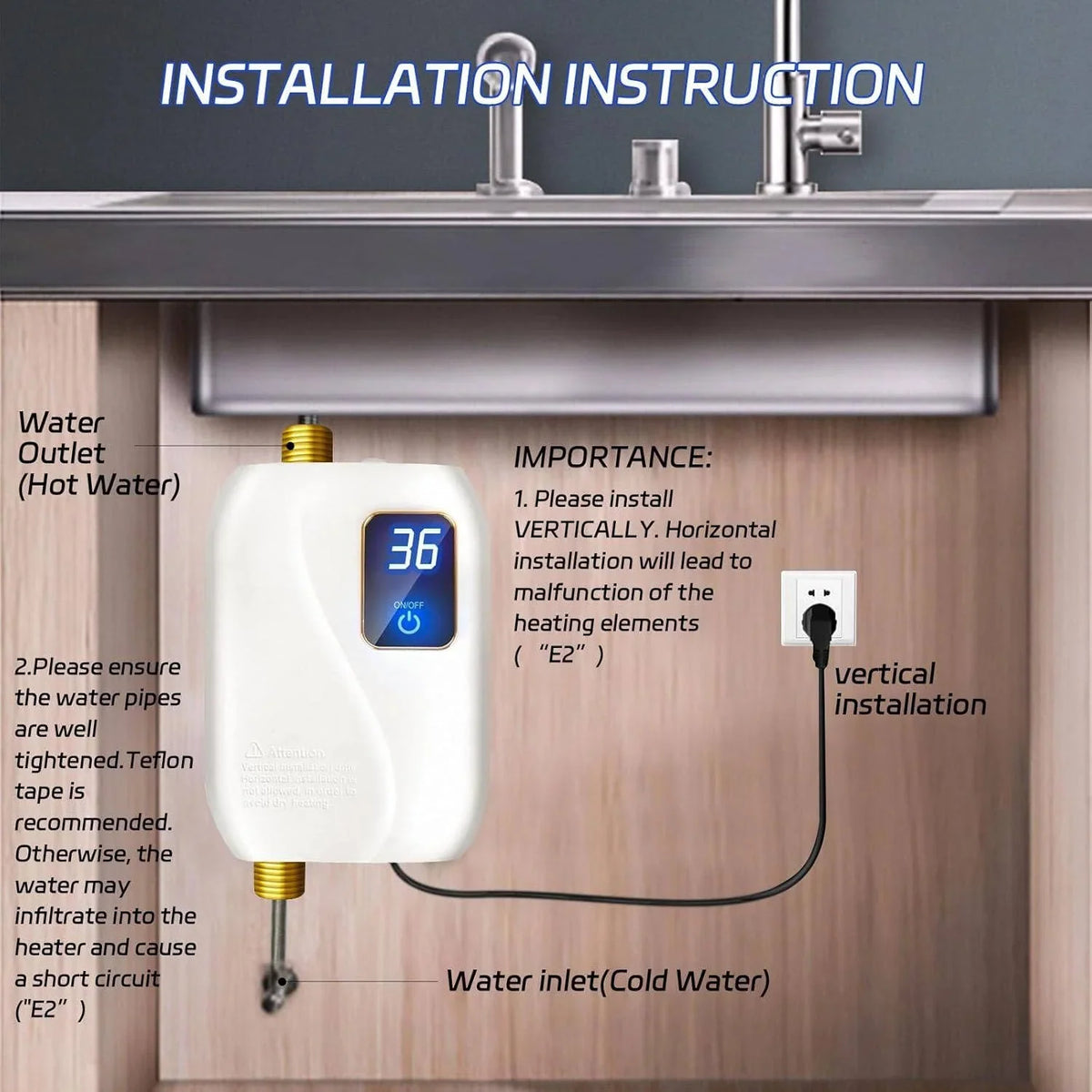 Tankless Electric Water Heater On-Demand 3000W Digital Display