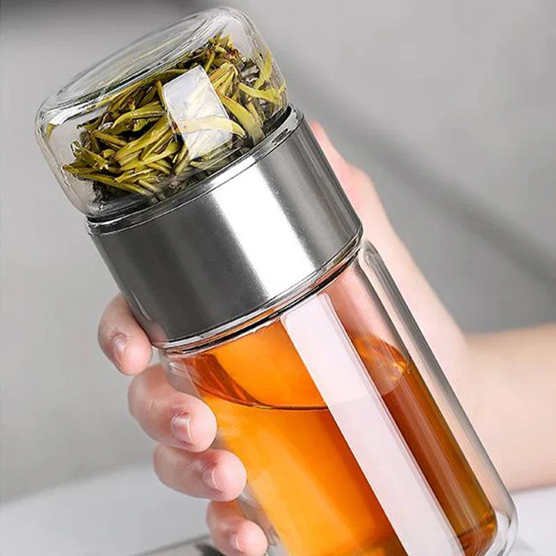 Tea Infuser Bottle Double-Wall Borosilicate Glass Built-In Strainer