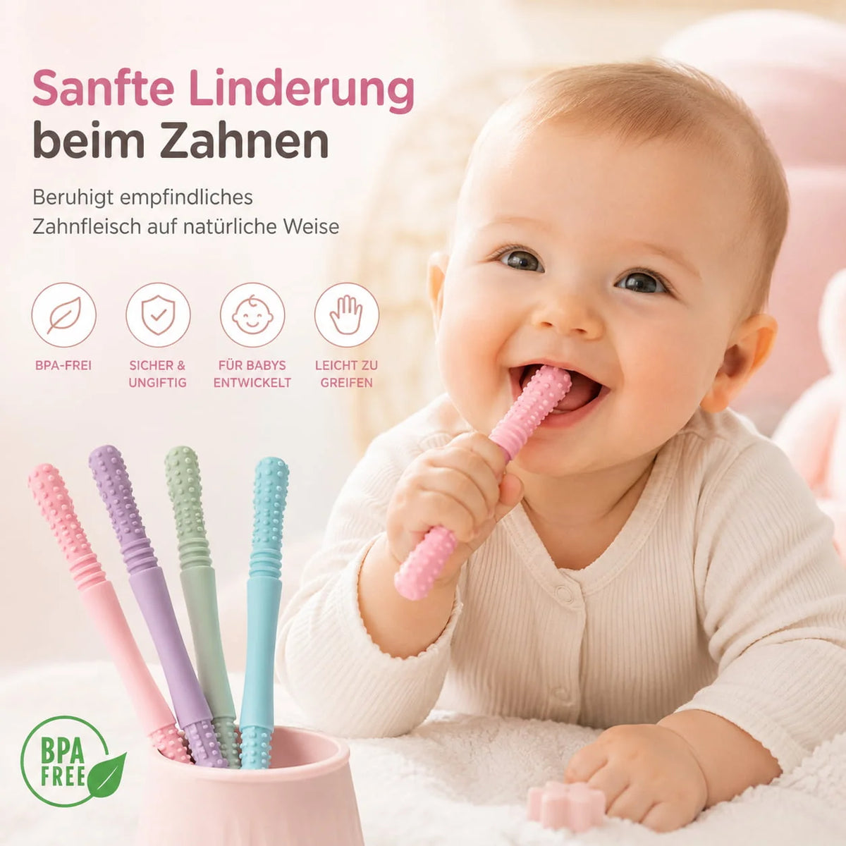 Teething Tubes Textured Slim BPA-Free Silicone Set of 3