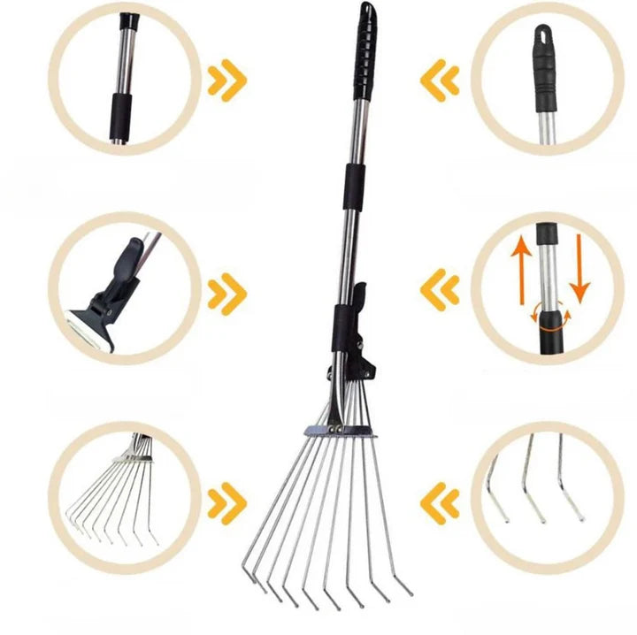 Telescopic Leaf Rake Lightweight Extendable Handle 45 cm Head