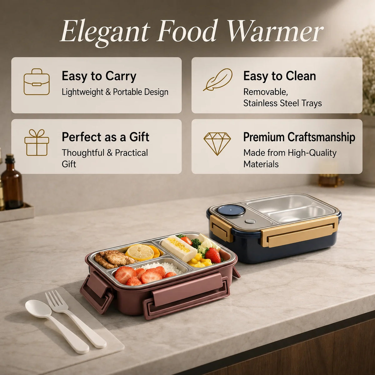 Thermal Food Container Insulated Multi-Compartment Stainless Steel Leak-Proof
