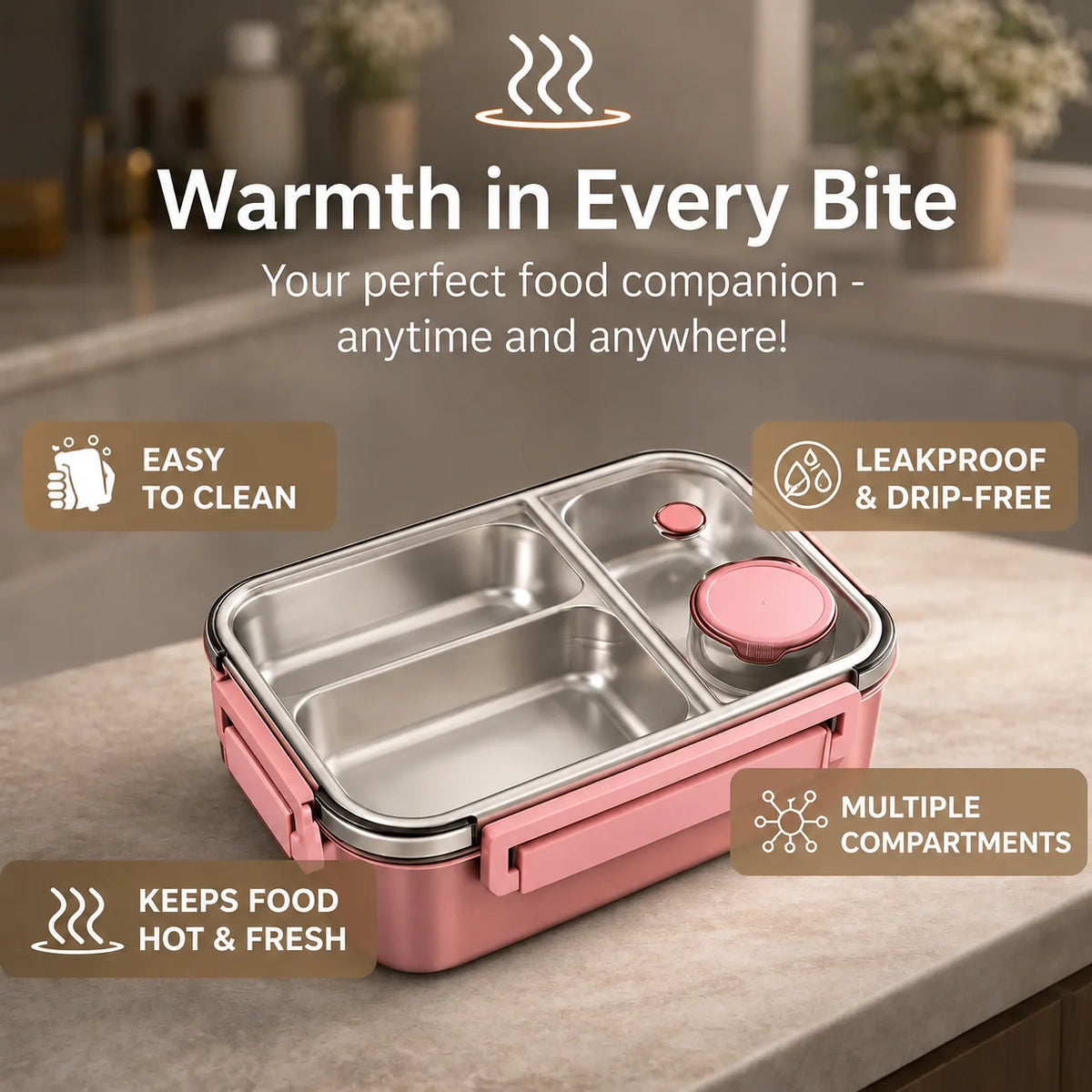 Thermal Food Container Insulated Multi-Compartment Stainless Steel Leak-Proof