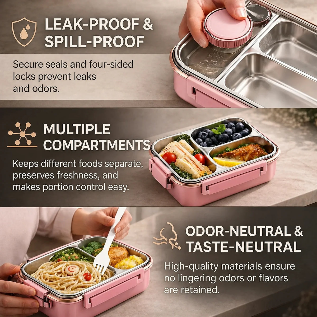 Thermal Food Container Leak-Proof Click Lock Stainless Steel Compartments