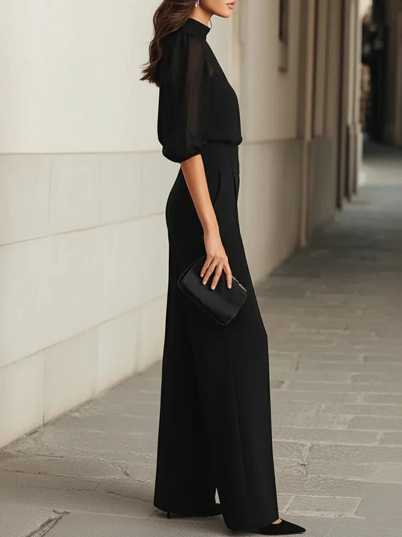 Three-Piece Pants Set Sheer Chiffon Blouse Satin Camisole Wide-Leg Pants