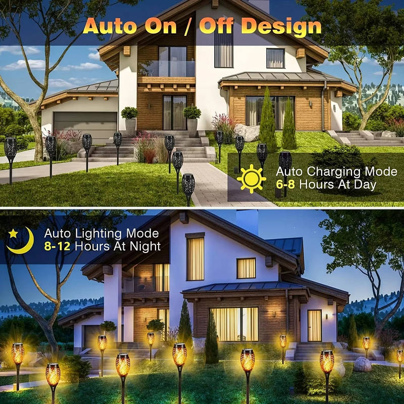 Tiki Torch Lights Solar-Powered Flickering Flame Set of 12