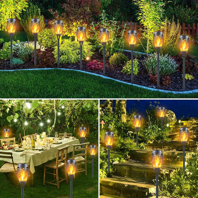 Tiki Torch Lights Solar-Powered Flickering Flame Set of 12