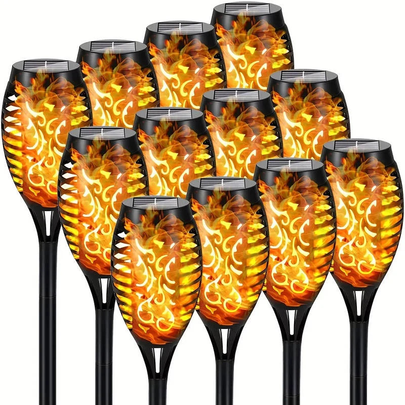 Tiki Torch Lights Solar-Powered Flickering Flame Set of 12